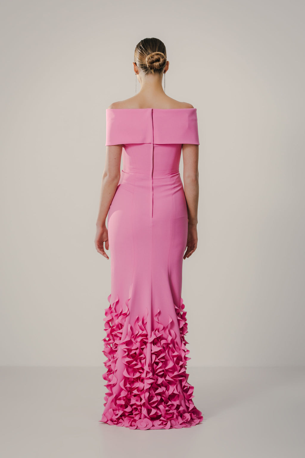 Off Shoulder Roll Collar Gown with Spiral Hem – Catherine Regehr