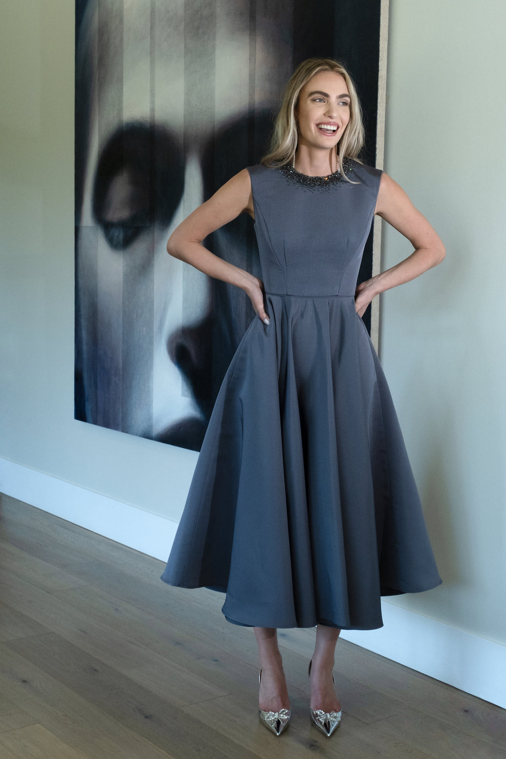 Jewel Neck Jackie Dress with Circle Tea Length Skirt