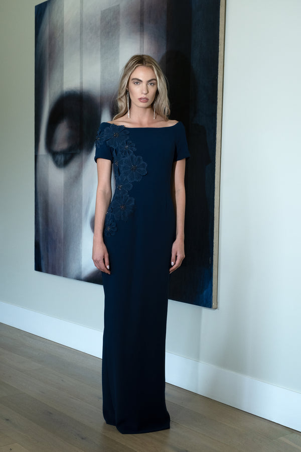 Off Shoulder Gown with Partial Petal Spray