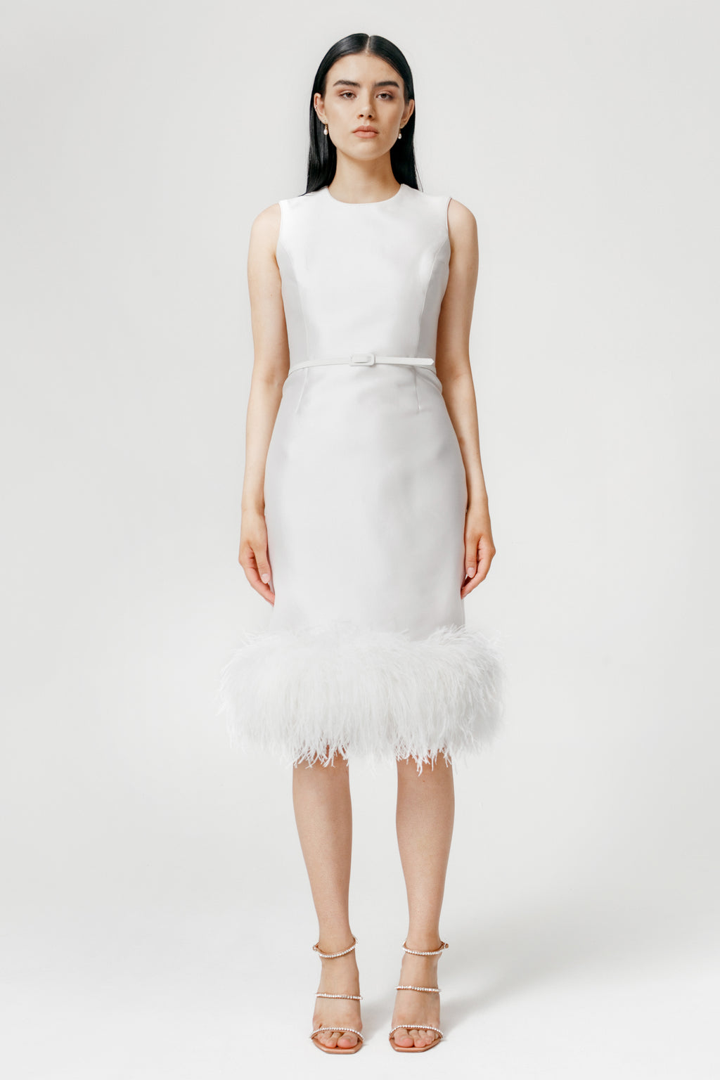 Jewel Neck Feather Trim Dress – Catherine Regehr