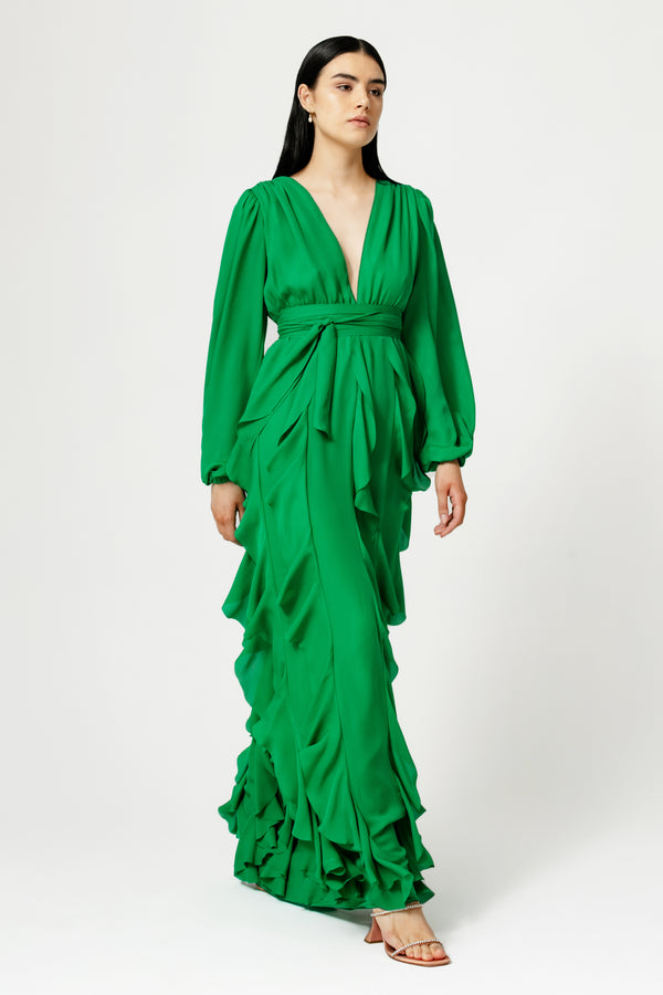 V Neck Marni Gown with Ruffle Hem