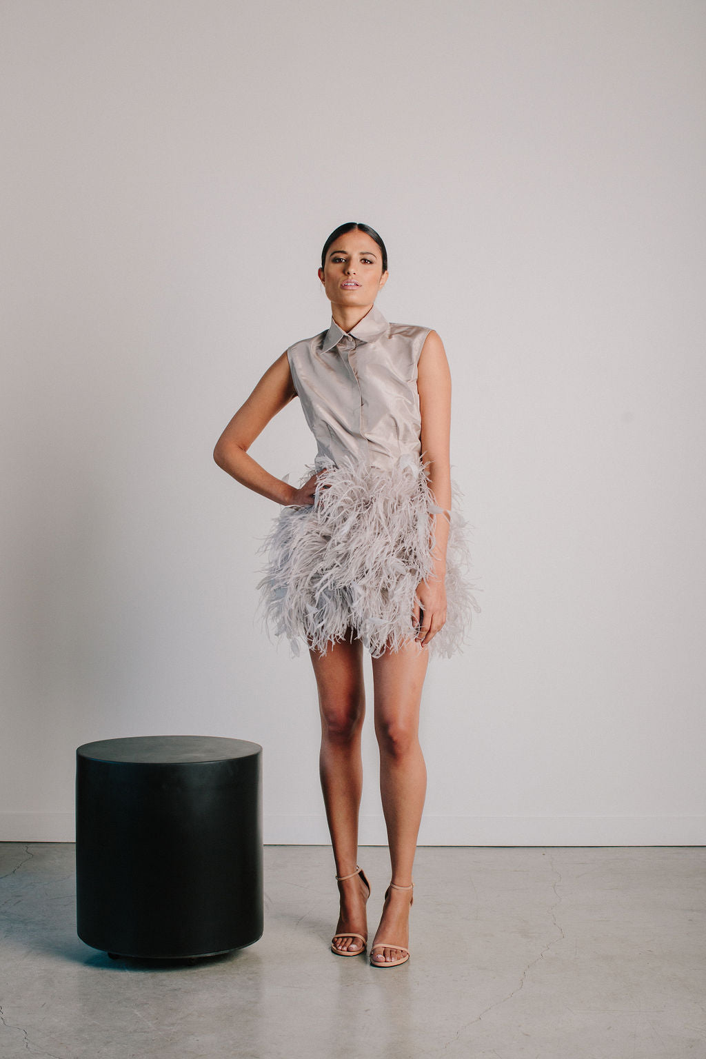 Sleeveless Collared Shirt and Ostrich Feather Skirt – Catherine Regehr