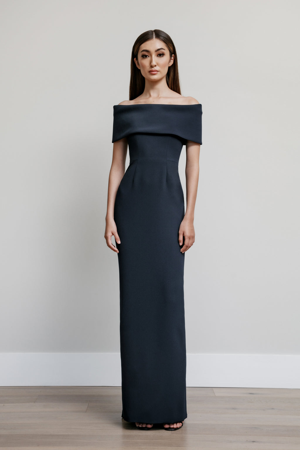 catherine regehr off the shoulder dress Off Shoulder Roll Collar gown with Scattered Pearls