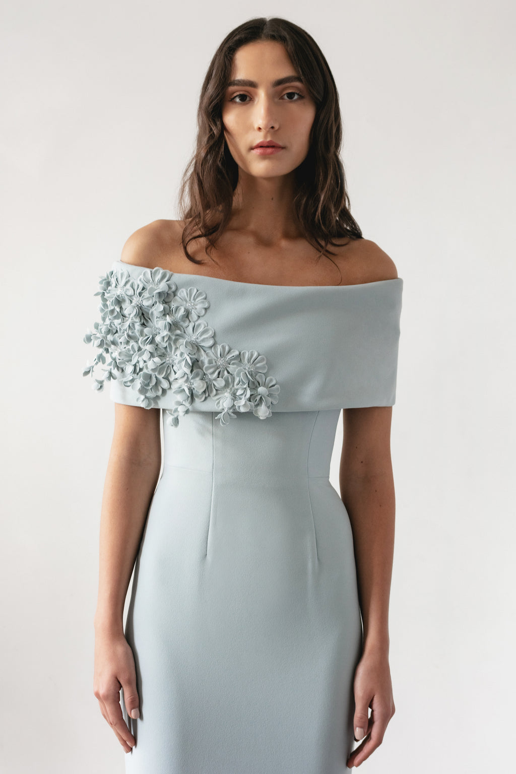 Off Shoulder Gown with Lilac & Wisteria Spray Off Shoulder Gown with Lilac & Wisteria Spray