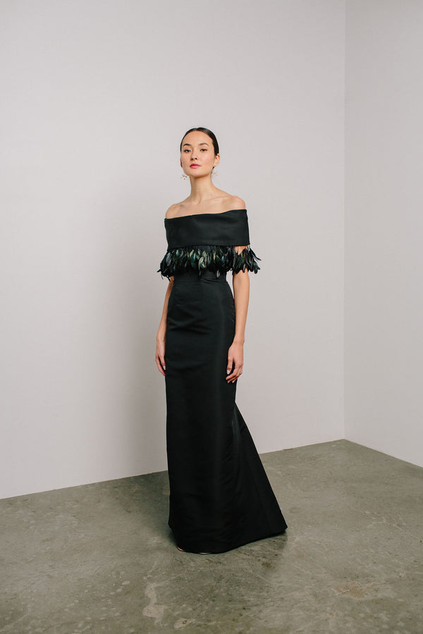 Off Shoulder Roll Collar Gown with Coque Feather Trim