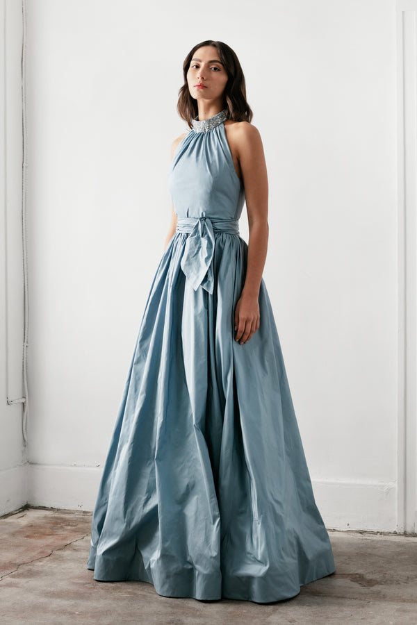T Neck Gown with crystal collar and ball gown skirt.