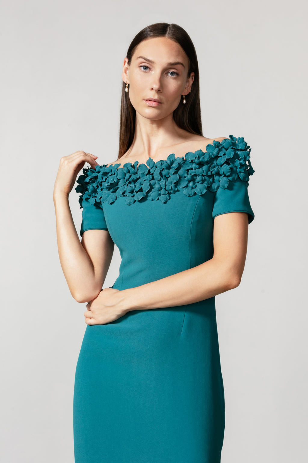 catherine regehr off the shoulder dress Off Shoulder Roll Collar V Neck Gown with Spiral Hem