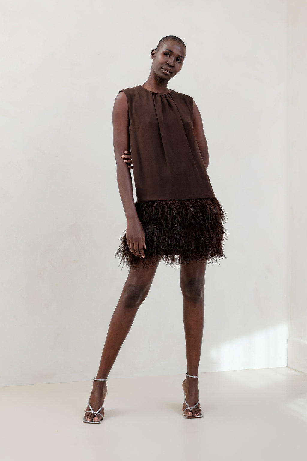 Gathered Jewel Neck Dress with Feather Hem