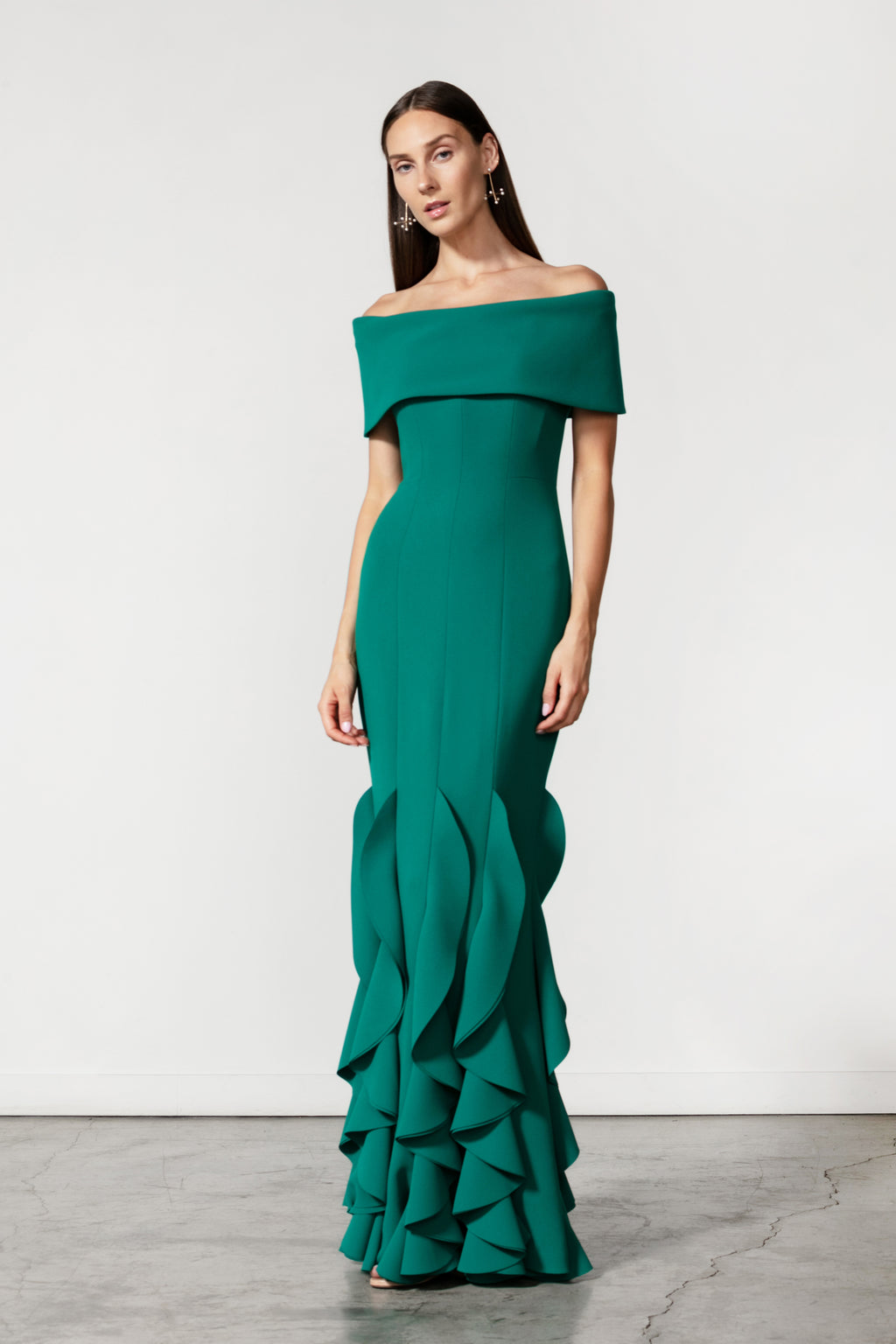 Off Shoulder Roll Collar Gown with Ruffle Wave Hem