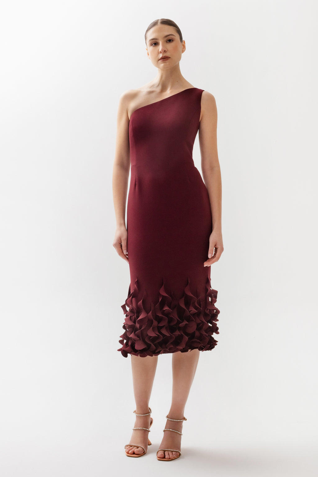 burgundy one shoulder dress Ruby One Shoulder Ruffle Bodycon Mini Dress • Shop American Threads Burgundy / M