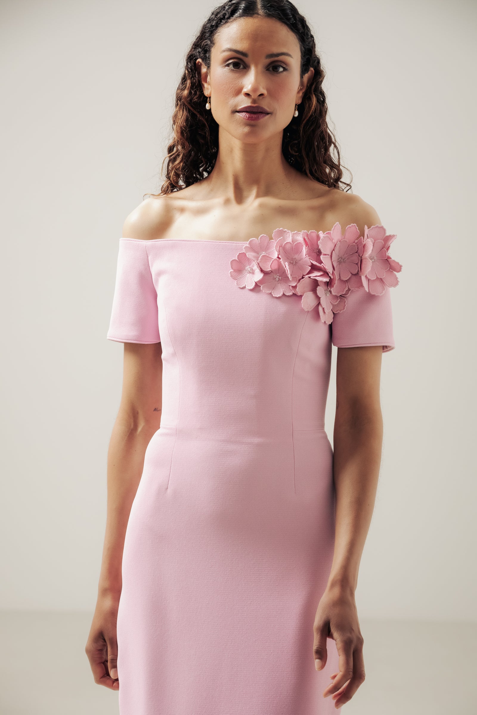 premium embroidered dresses for weddings Off Shoulder Sheath with Embroidered Floral Spray – Catherine Regehr
