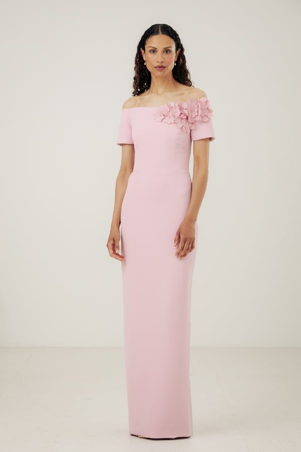 Off Shoulder Sheath with Embroidered Floral Spray