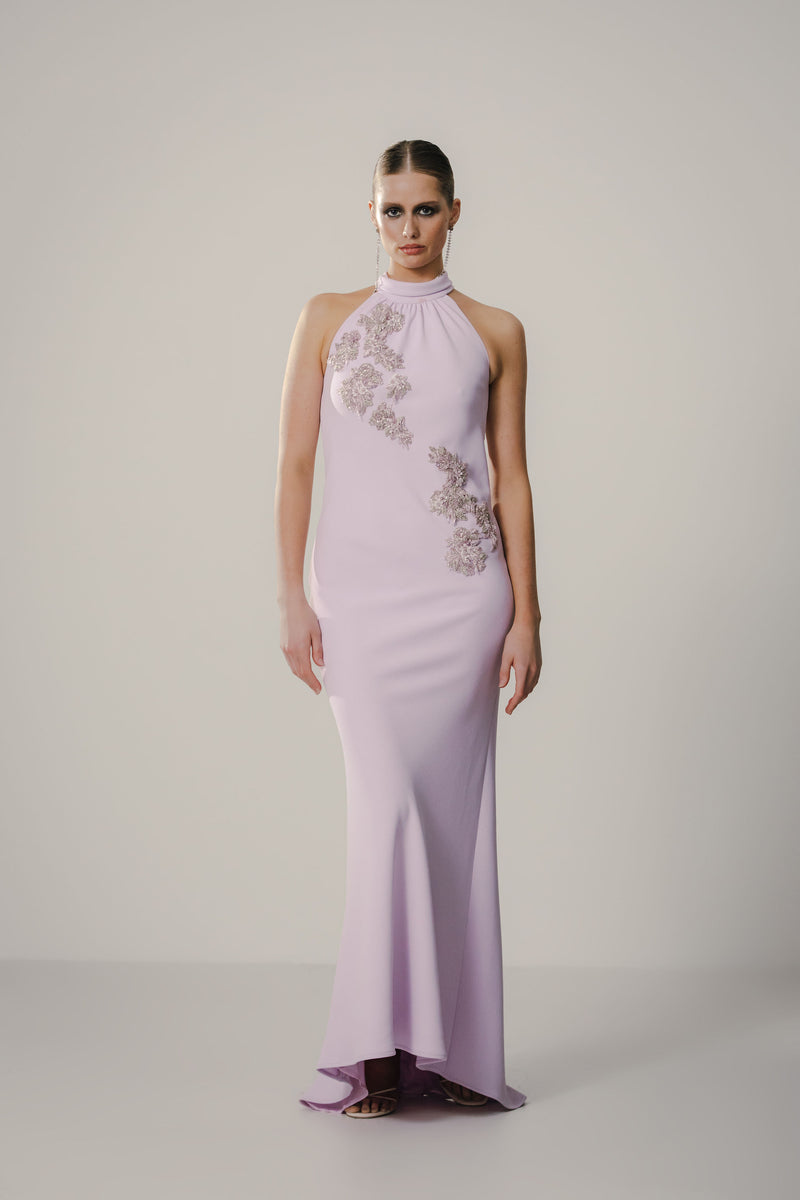 T Neck Bias Gown with Floral Embroidery Catherine Regehr T Neck Bias Gown with Floral Embroidery Catherine Regehr