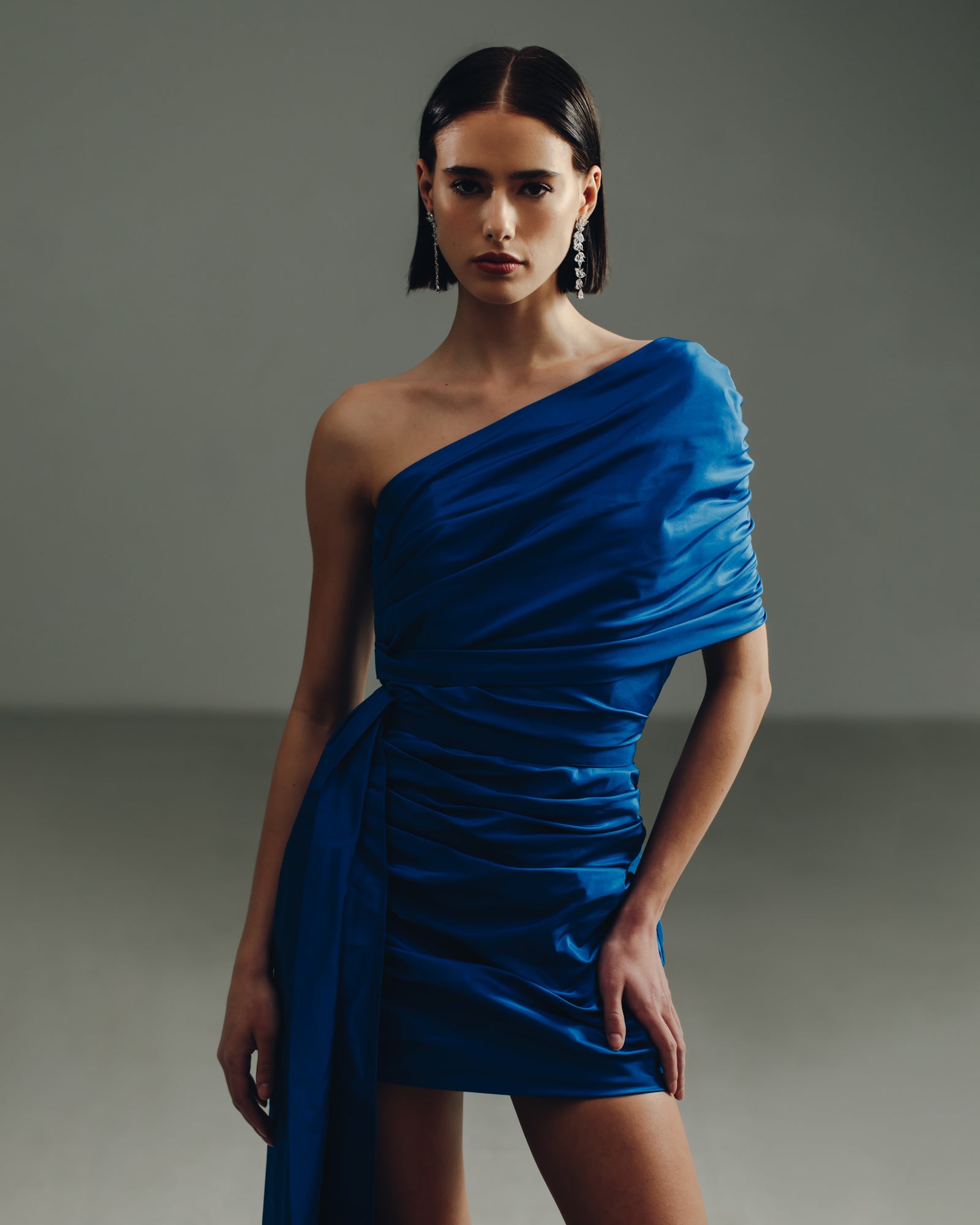 One Shoulder Draped Mini with Side Peplum Catherine Regehr One Shoulder Draped Mini with Side Peplum Catherine Regehr
