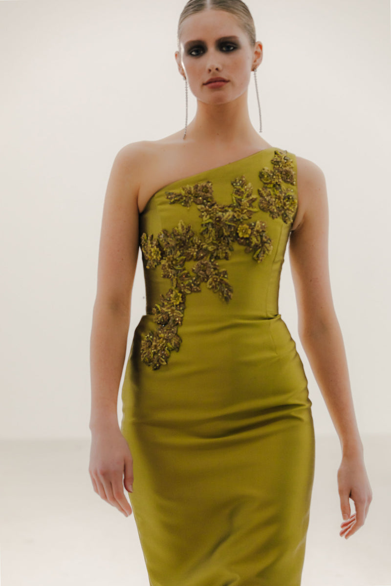 One Shoulder Sheath with Gemmed Floral Embroidery Catherine Regehr One Shoulder Sheath with Gemmed Floral Embroidery Catherine Regehr