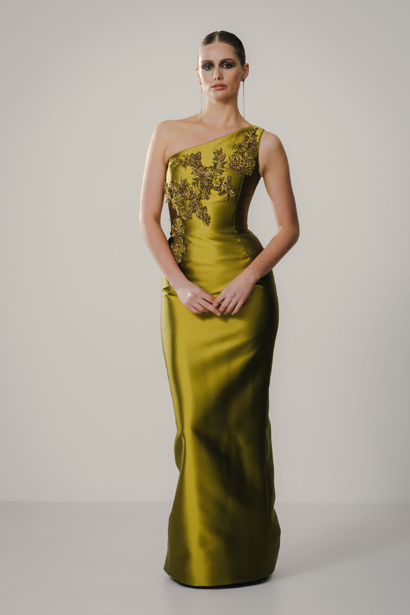 One Shoulder Sheath with Gemmed Floral Embroidery One Shoulder Sheath with Gemmed Floral Embroidery
