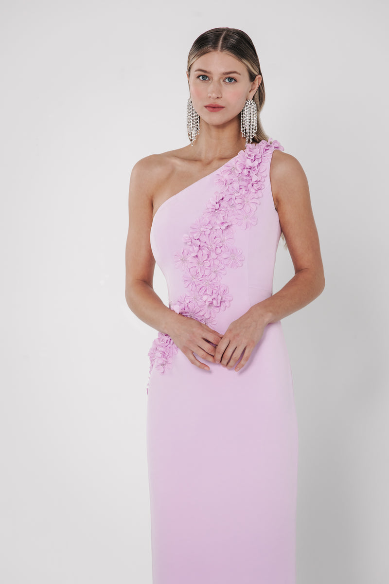 One Shoulder Gown with Wisteria & Lilac Spray