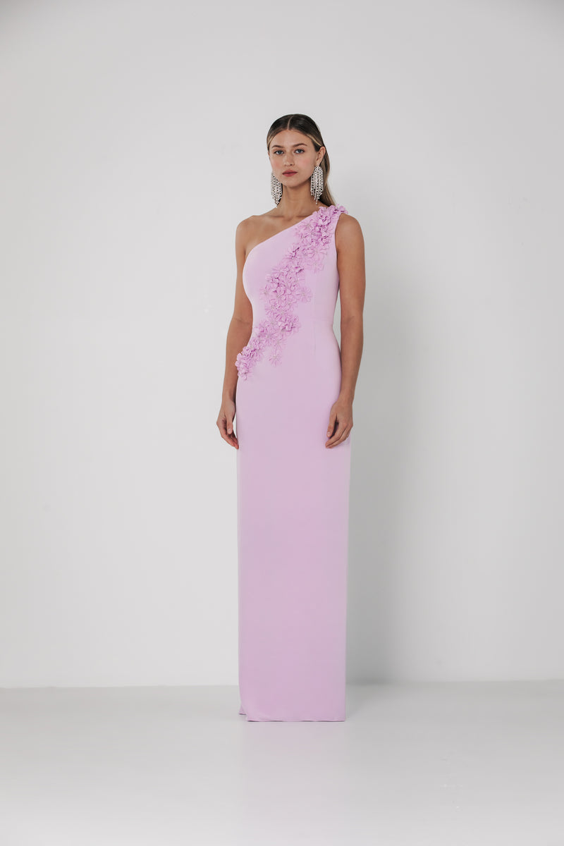 One Shoulder Gown with Wisteria & Lilac Spray