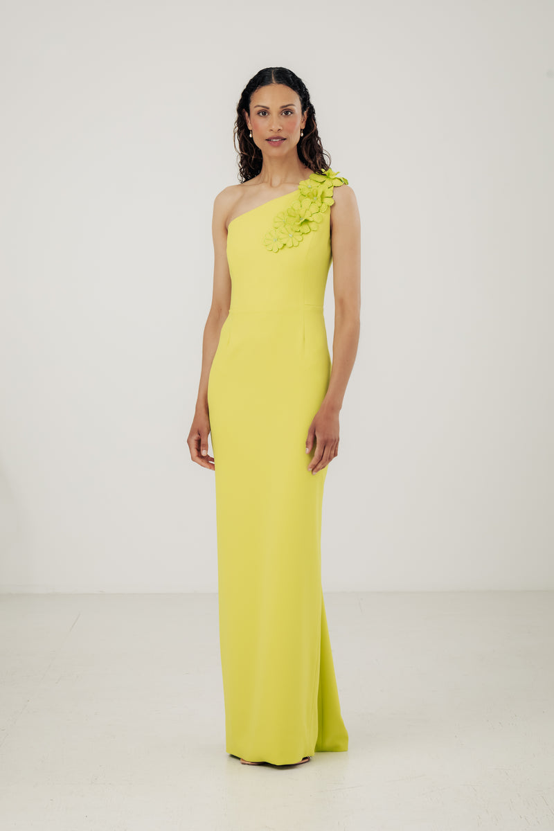 One Shoulder Dress with Embroidered Flowers Catherine Regehr One Shoulder Dress with Embroidered Flowers Catherine Regehr
