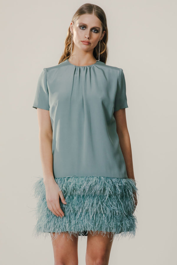 Gathered Jewel Neck Dress with Feather Hem