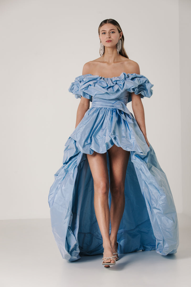 blue bubble skirt dress Off Shoulder Gown with Hi Lo Bubble Skirt
