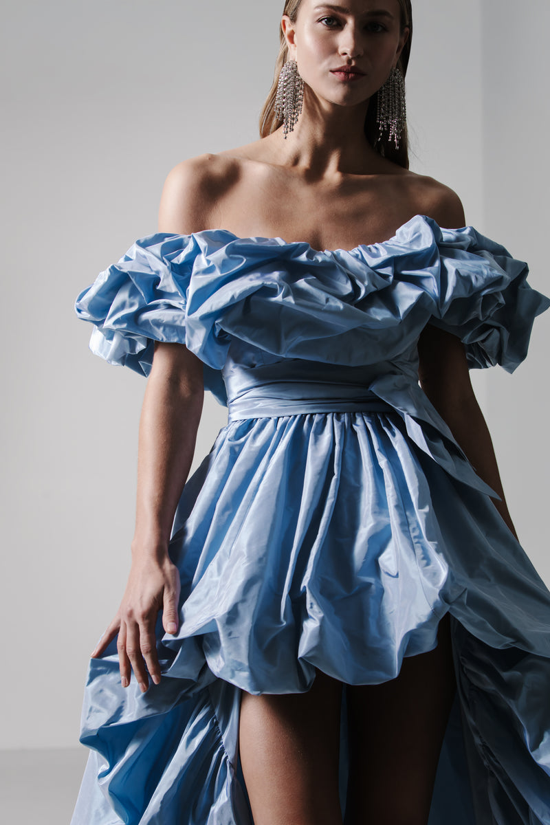 Off Shoulder Gown with Hi Lo Bubble Skirt