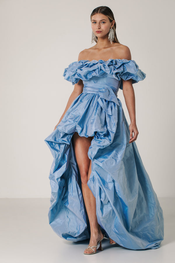 Off Shoulder Gown with Hi Lo Bubble Skirt