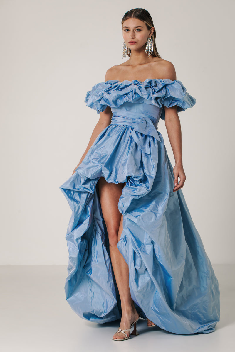 Off Shoulder Gown with Hi Lo Bubble Skirt