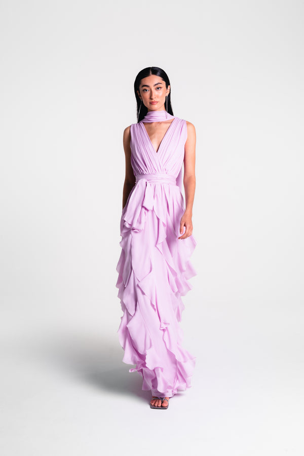 V Neck Gown with Ruffle Skirt