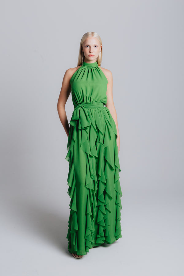 T Neck Saturna Gown with Ruffle Hem