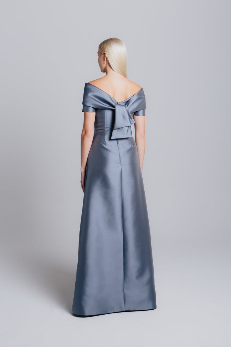 Off Shoulder Roll Collar Tie Back Gown
