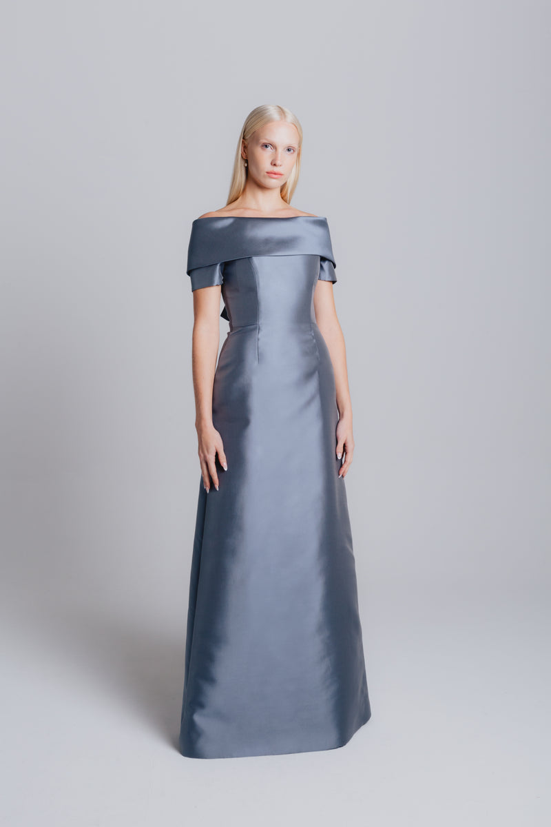 Off Shoulder Roll Collar Tie Back Gown – Catherine Regehr Off Shoulder Roll Collar Tie Back Gown – Catherine Regehr