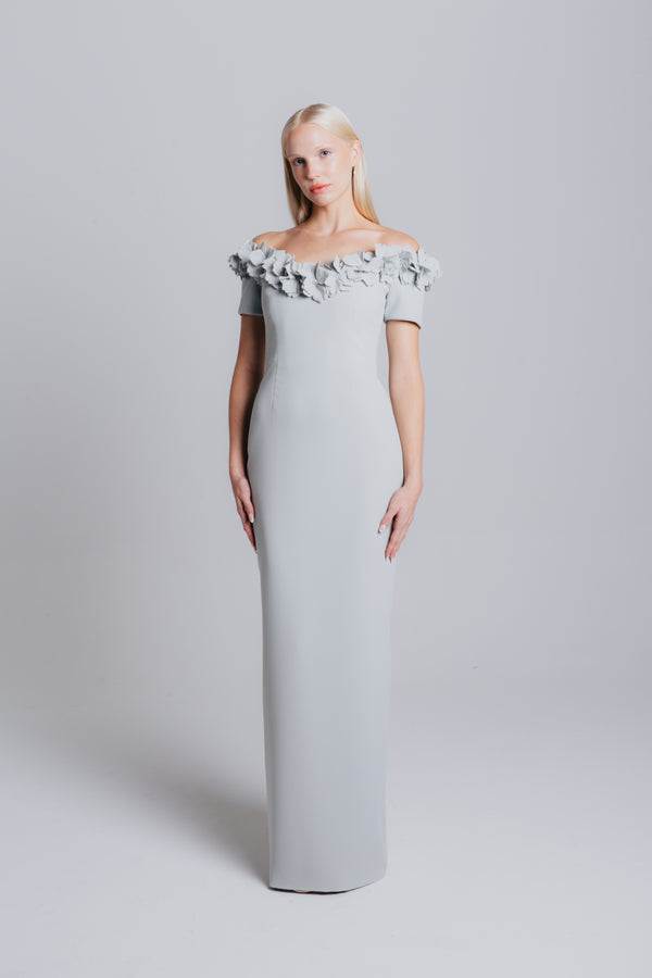 Off Shoulder V Neck gown with Magnolia Neckline