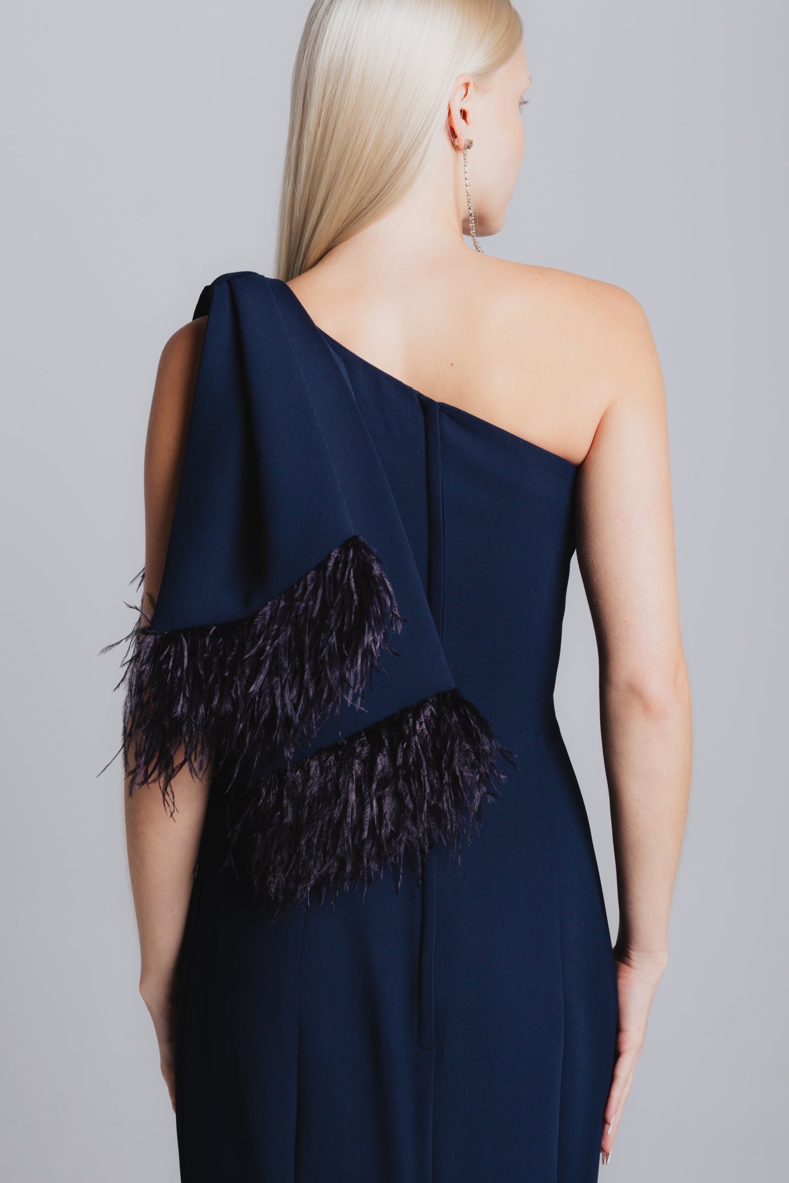 open lace back dress One Shoulder Gown with Feather Bow – Catherine Regehr
