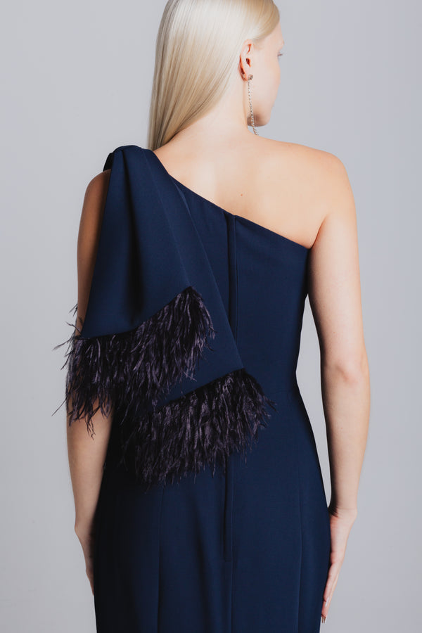 One Shoulder Gown with Feather Bow