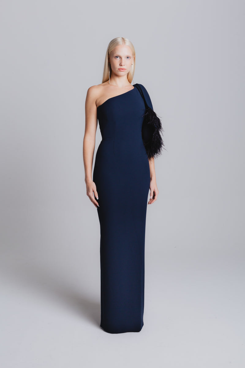 One Shoulder Gown with Feather Bow