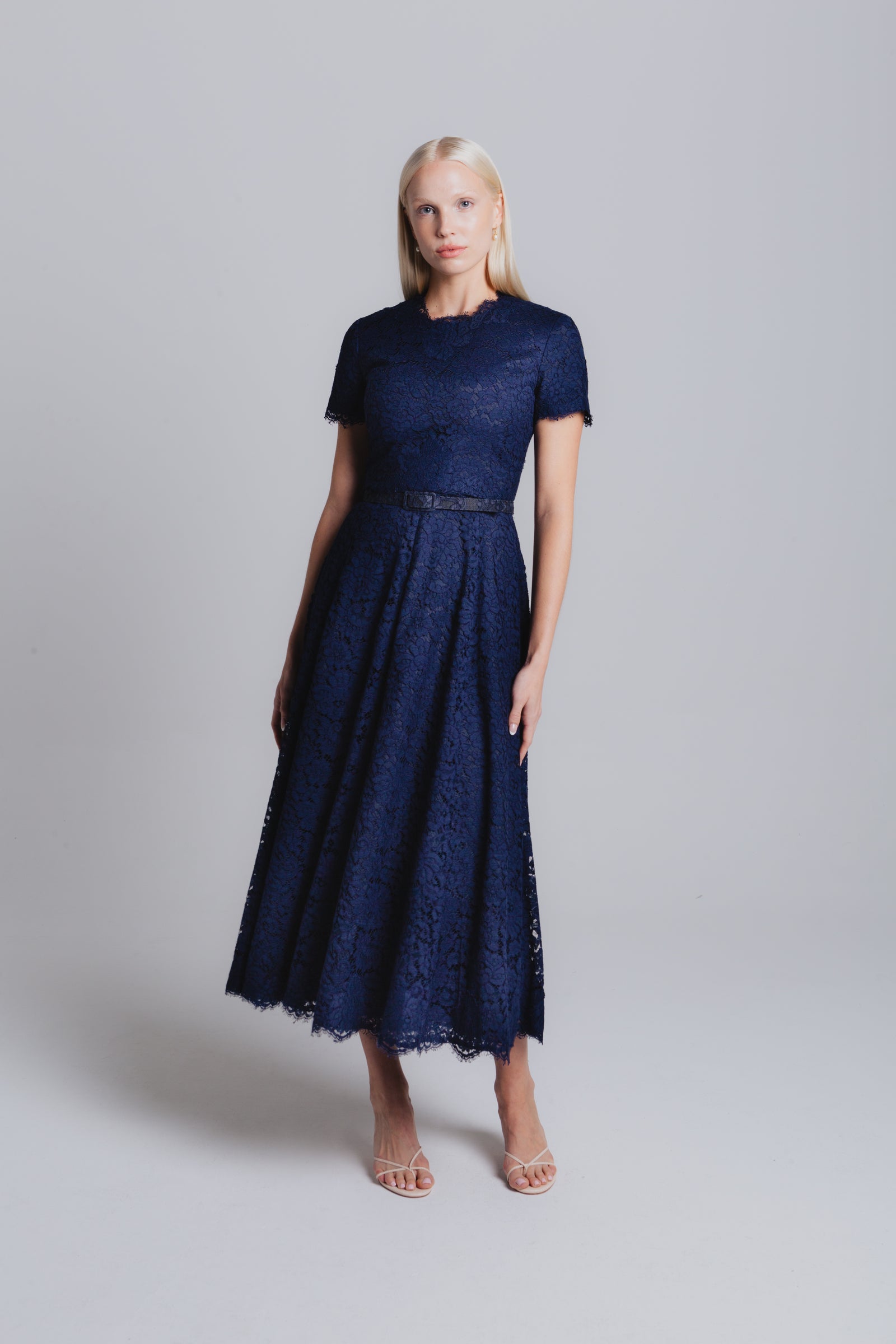 【即発送】CATHRI / ECOPET（R） Dress NAVY / S Short Sleeve Lace Jackie Dress with Tea Length Skirt