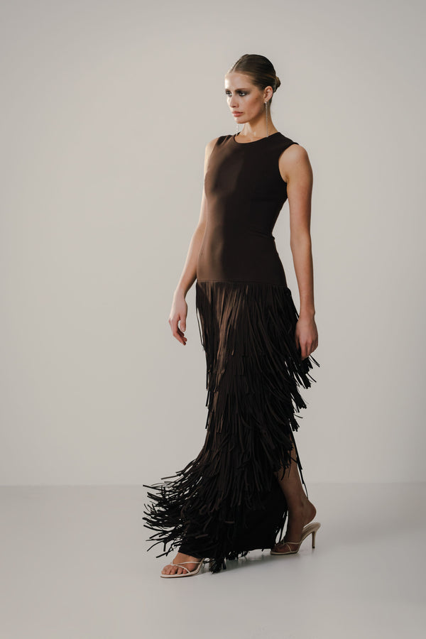 Jewel Neck Jackie Gown with Fringe Hem