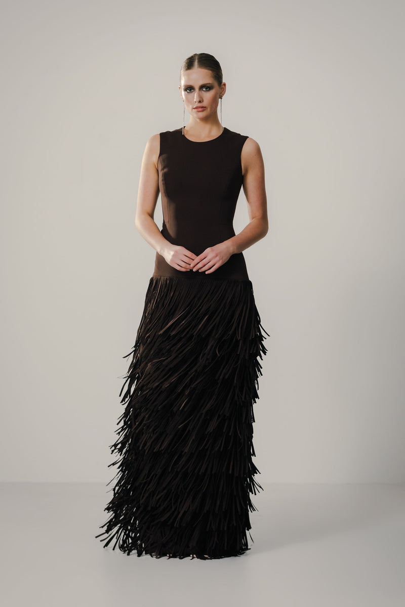 Jewel Neck Jackie Gown with Fringe Hem