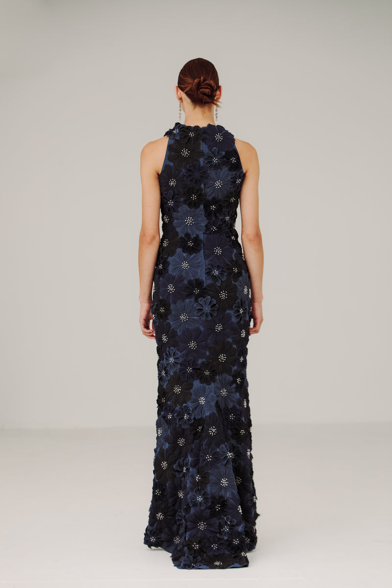 Racer Neck Ombre Gown with Full Petals