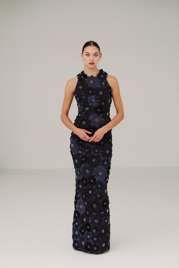 Racer Neck Ombre Gown with Full Petals