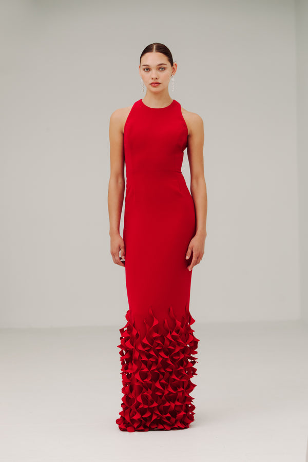Racer Neck Sheath with Spiral Hem