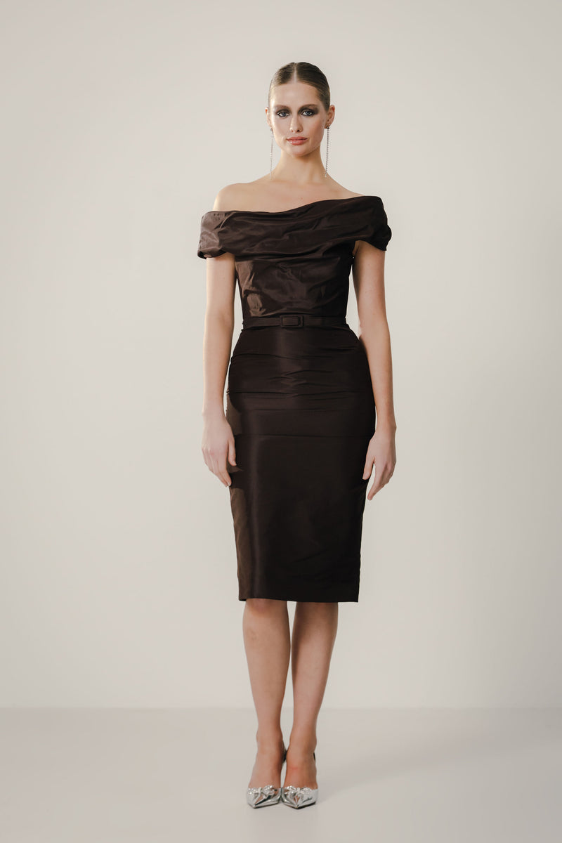 Off Shoulder Draped Vintage Dress with Belt – Catherine Regehr Off Shoulder Draped Vintage Dress with Belt – Catherine Regehr