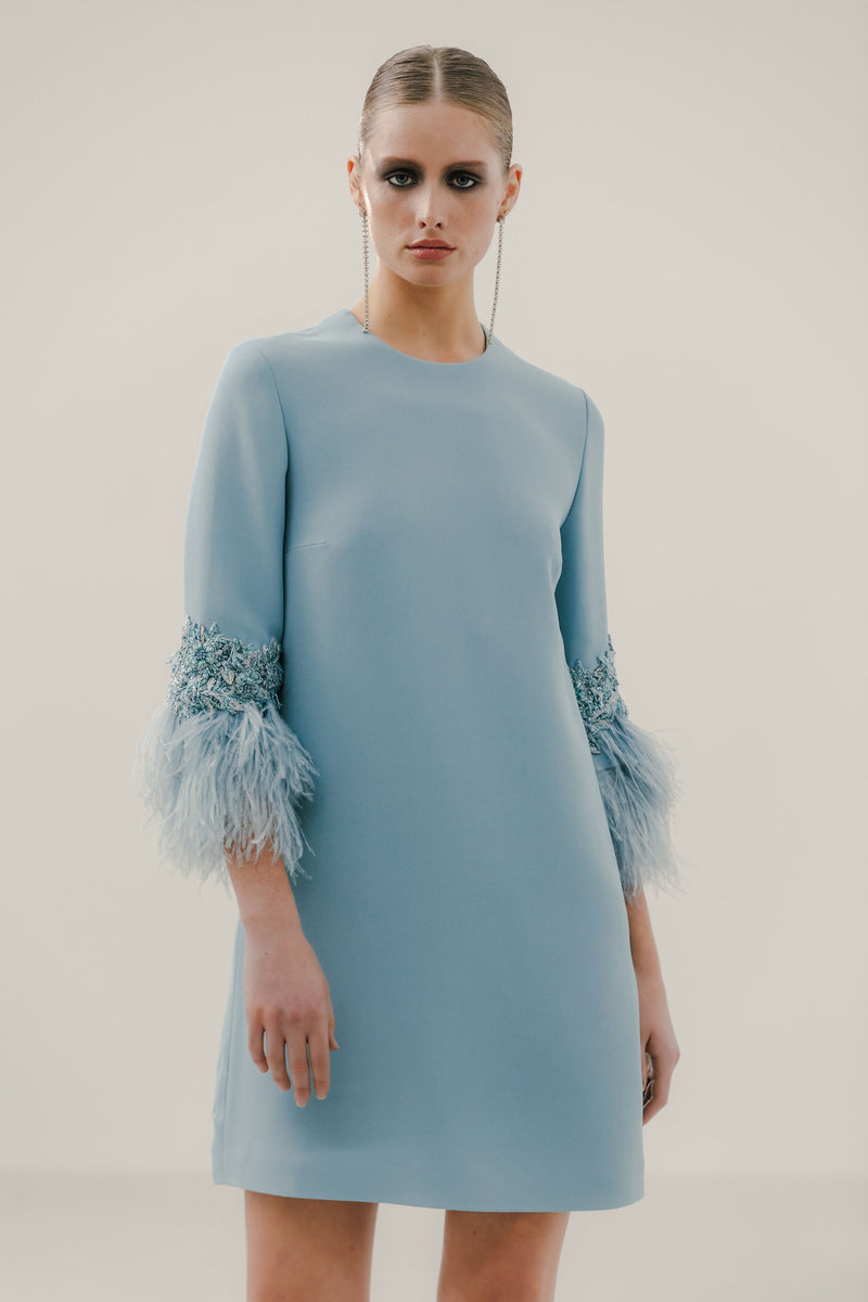 Jewel Neck Dress with Embroidered & Feather Cuff