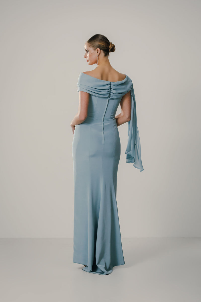 Off Shoulder Draped Tie Sheath