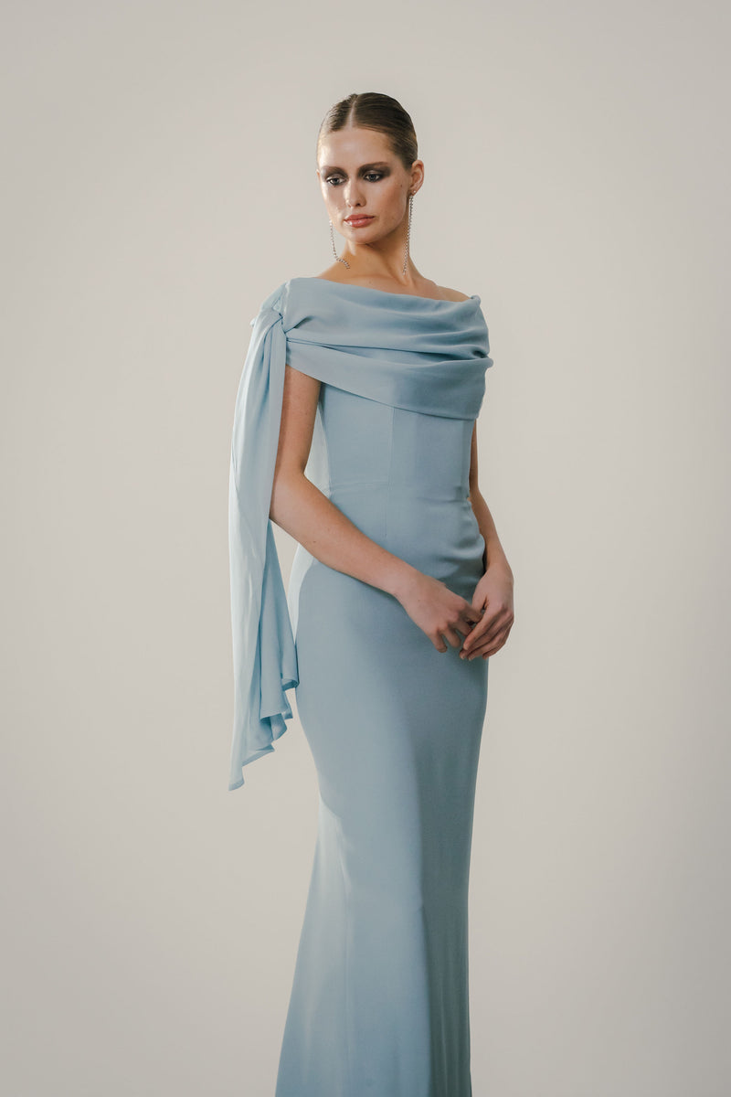 Off Shoulder Draped Tie Sheath