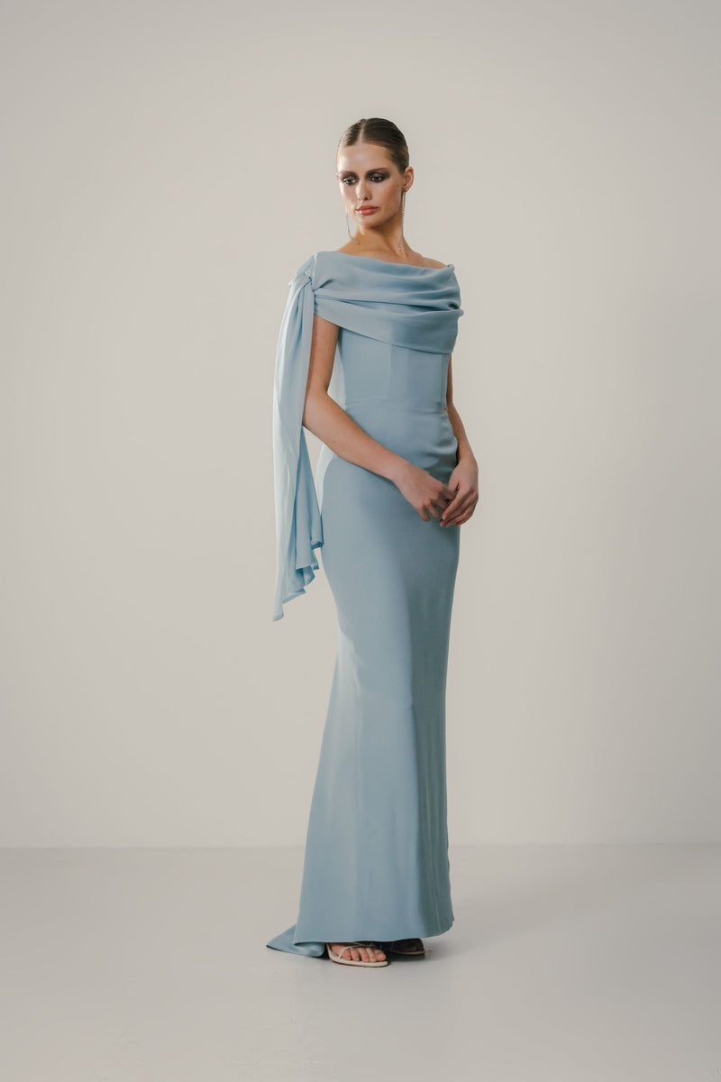 Off Shoulder Draped Tie Sheath