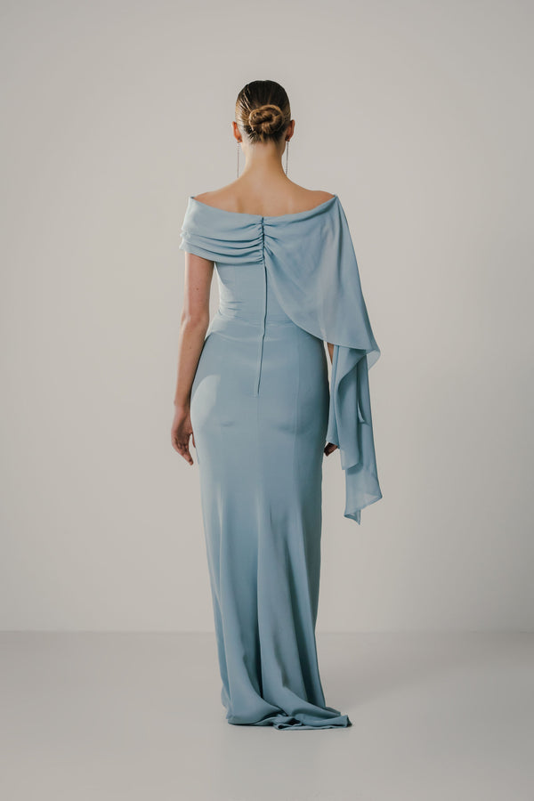 Off Shoulder Draped Tie Sheath