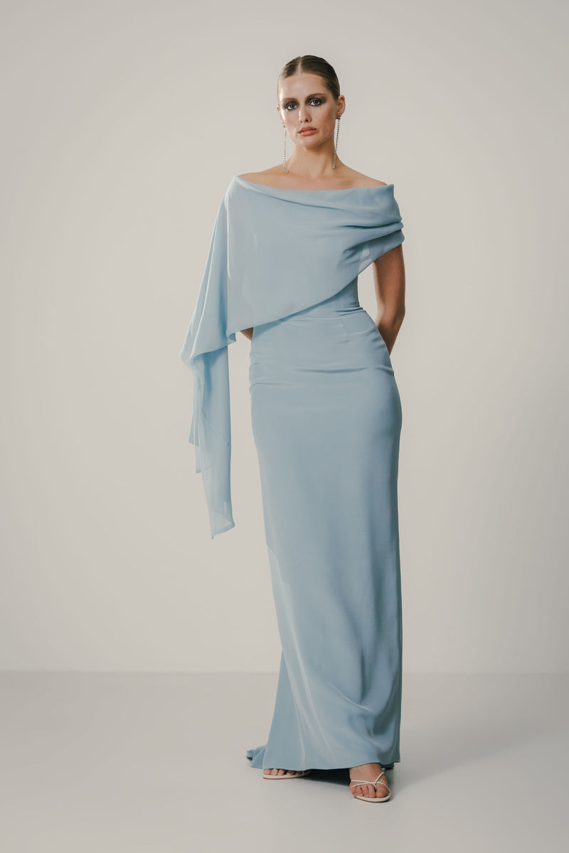 Off Shoulder Draped Tie Sheath