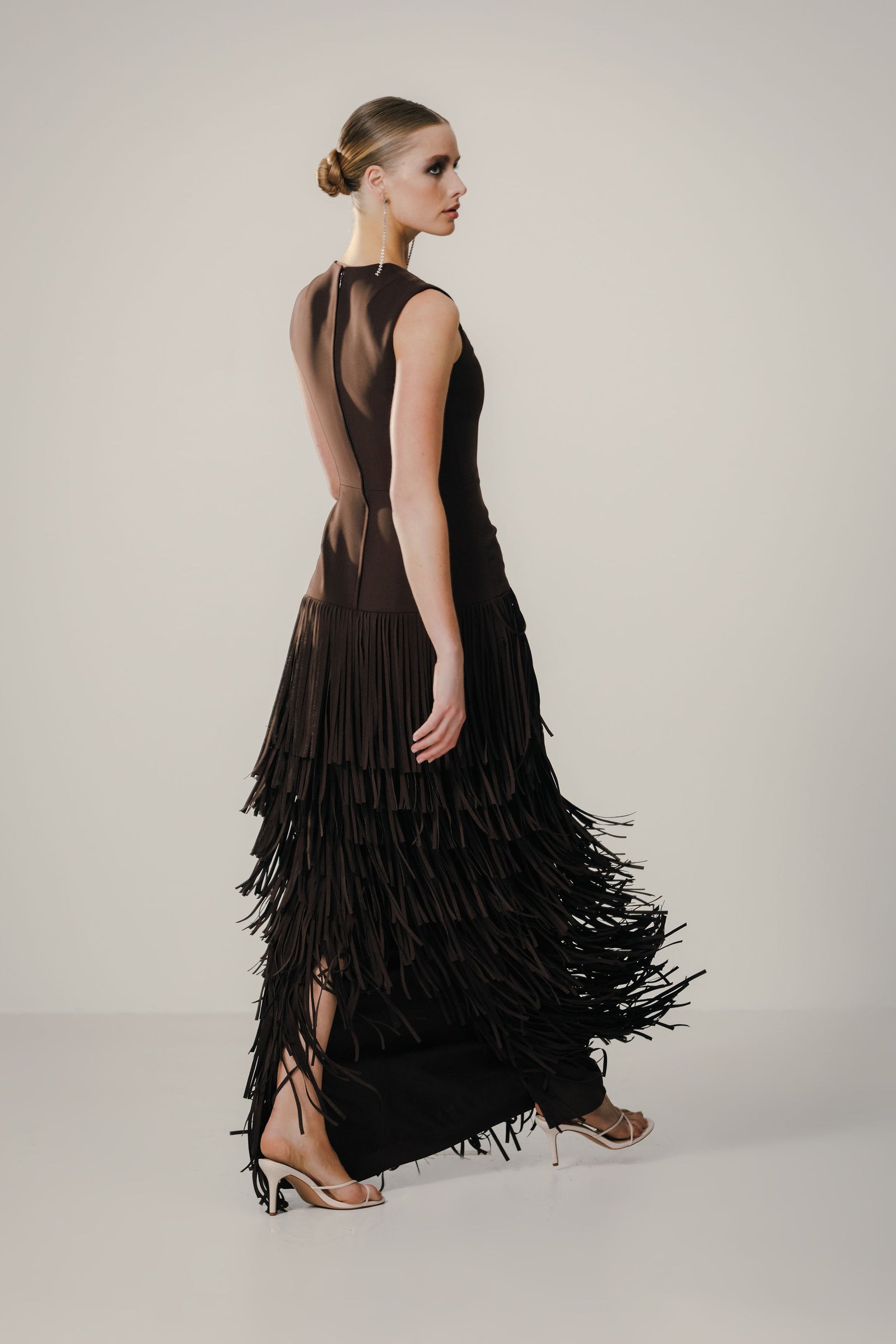 Jewel Neck Jackie Gown with Fringe Hem Catherine Regehr Jewel Neck Jackie Gown with Fringe Hem Catherine Regehr